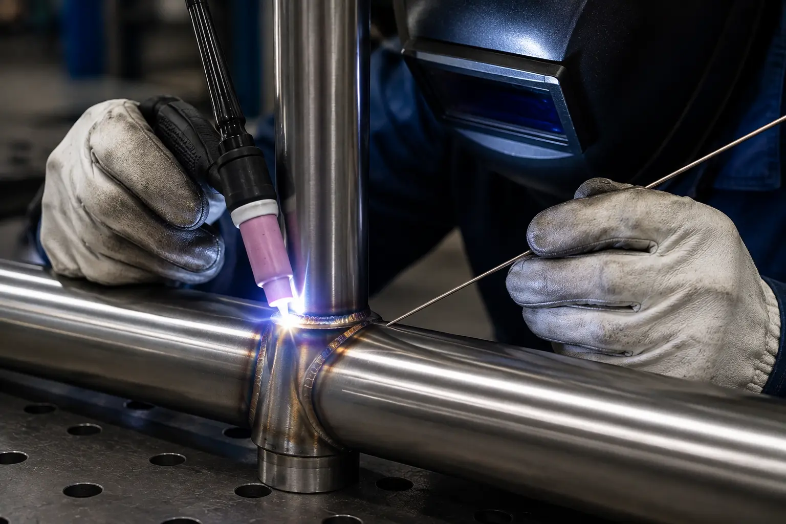 Argon TIG welding torch flame arc on stainless steel parts Planet Industries