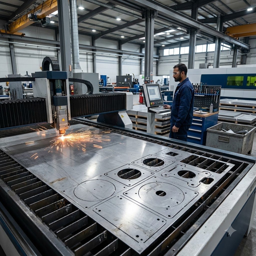 Laser cutting head mid-operation Sparks