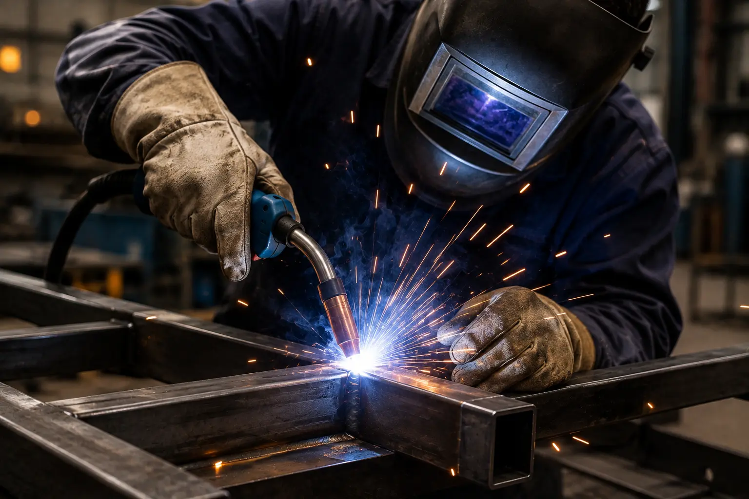 MIG welding sparks torch arc working on structural frame Planet Industries